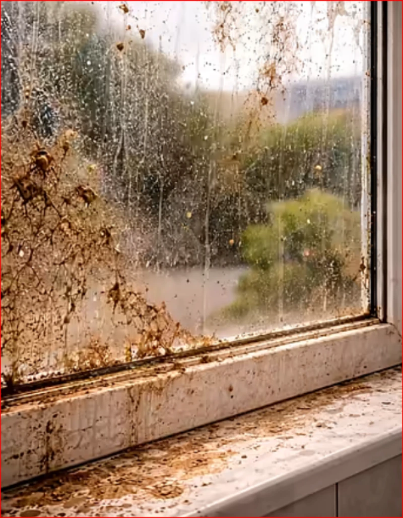 Window before professional cleaning, showing hard water spots and buildup