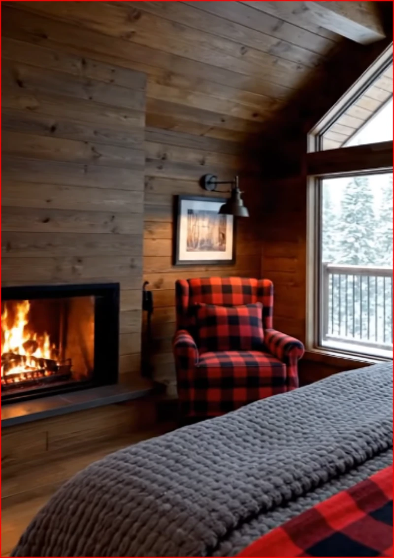 Cozy vacation cabin bedroom with a window looking out on snow